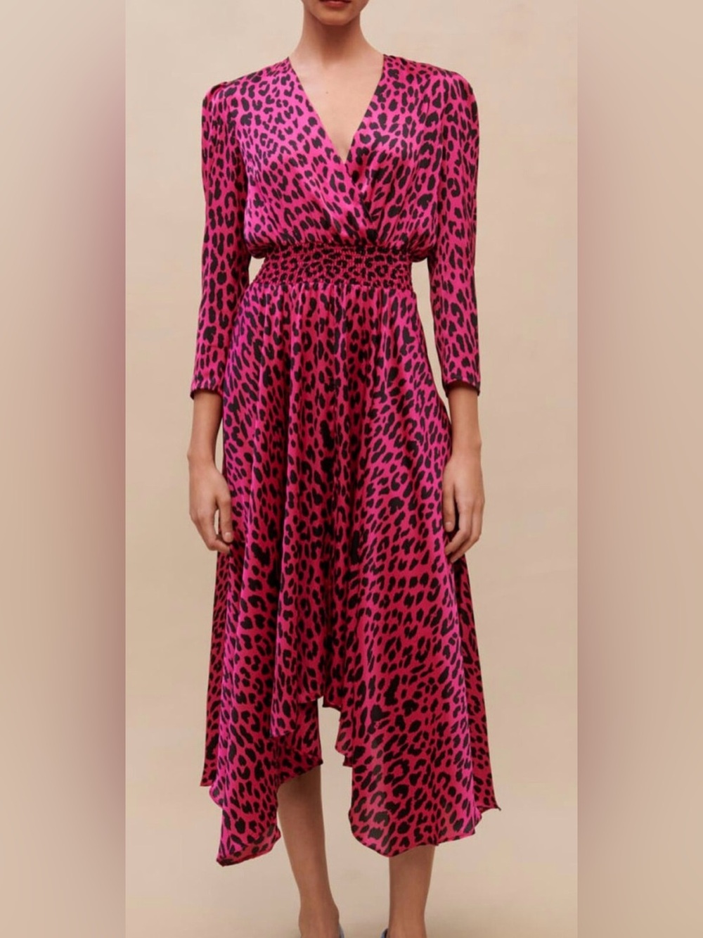 Maje Fuchsia and Black Asymmetrical Leopard-Print Midi Dress